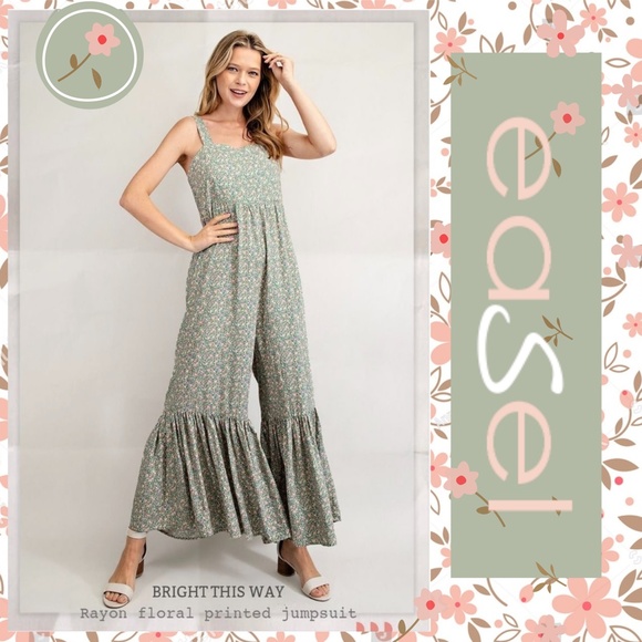 EASEL Smocked Sleeveless Lightweight Ultra Wide Leg Ruffled Hem Jumpsuit Romper - Picture 9 of 14